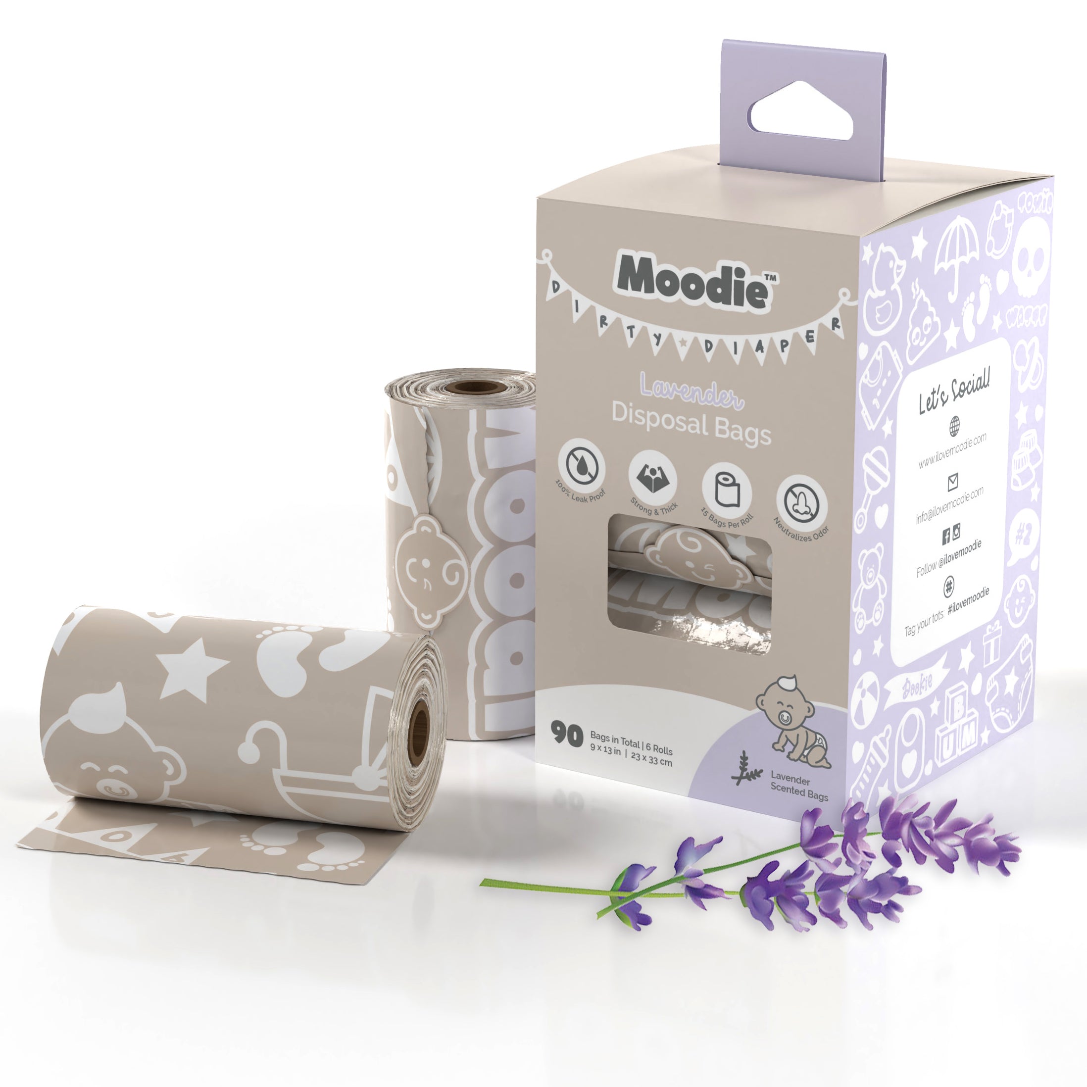 Baby Disposable Nappy Bags Lavender Scented 6 Roll Refill Pack Moodie