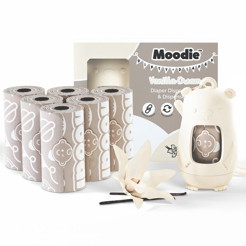 NEW Teddy Bear Disposable Nappy Bag Dispenser COMBO PACK | 105 VANILLA SCENTED Baby Poop Bags TOTAL & 1x Dispenser (VANILLA DREAM)